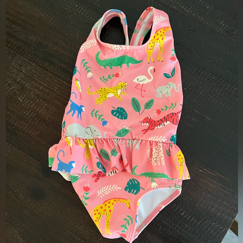 Mini Boden Pink Ruffle One-Piece Swimsuit with Multicolor Animal Print